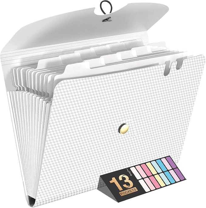 Sooez Expanding File Folder, 13 Pocket Accordion File Organizer, Monthly Expandable File Folder for Documents with Labels, Portable Bill Receipt Organizer for School Office Supplies, Letter A4 Size
