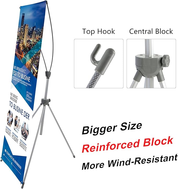 T-SIGN Reinforced Block Adjustable Tripod X Banner Stand, 23 x 63 to 32 x 78 Inch, Portable Travel Bag, Bigger, More Adaptable, Trade Show Exhibition - Silver (Pack of 1)