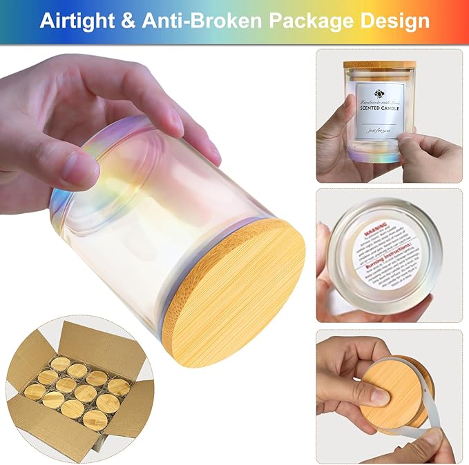 CONNOO 12 Pack 10 OZ Iridescent Glass Candle Jars for Making Candles with Airtight Bamboo Lids Nice Sticky Warning Labels for Candle Making Empty Container Bulk - Dishwasher Safe