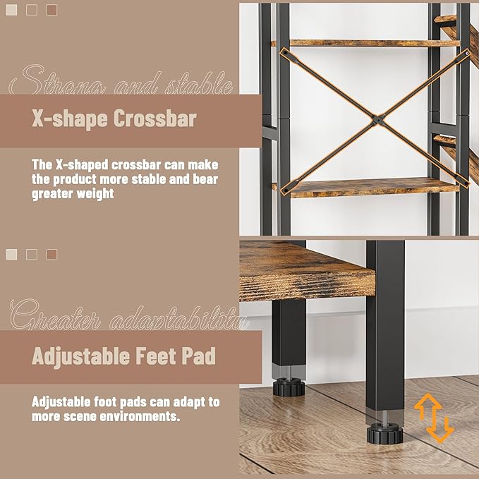 Triple 4 Tier Book Shelf, Large Industrial Bookcase with Storage Cabinet, Tall Bookshelf with Open Display Shelves Furniture for Living Room Bedroom Home Office Rustic Brown