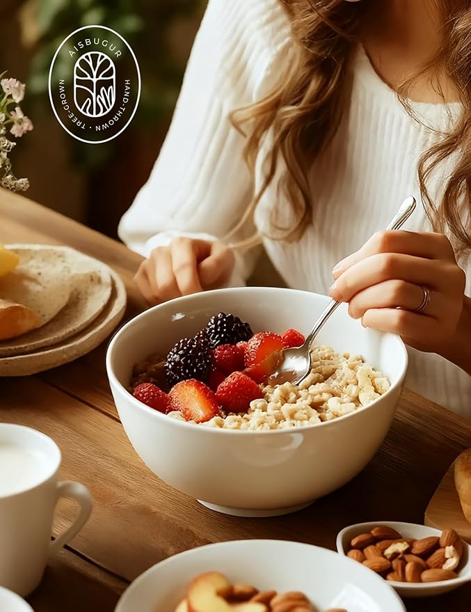 AISBUGUR Ceramic Bowls Set of 6-42OZ Deep Soup Bowls Salad Bowls for Kitchen Microwave & Dishwasher Safe - White Serving Bowls for Cereal, Soup, Pasta, Salad
