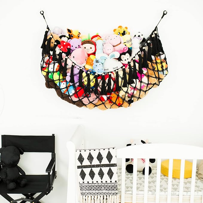Stuffed Animal Hammock Wall Mounted Hanging Net for Stuffed Animal Storage Holder Handmade Macrame Toy Hammock Boho Nursery Organizer Plushies Net(Black)