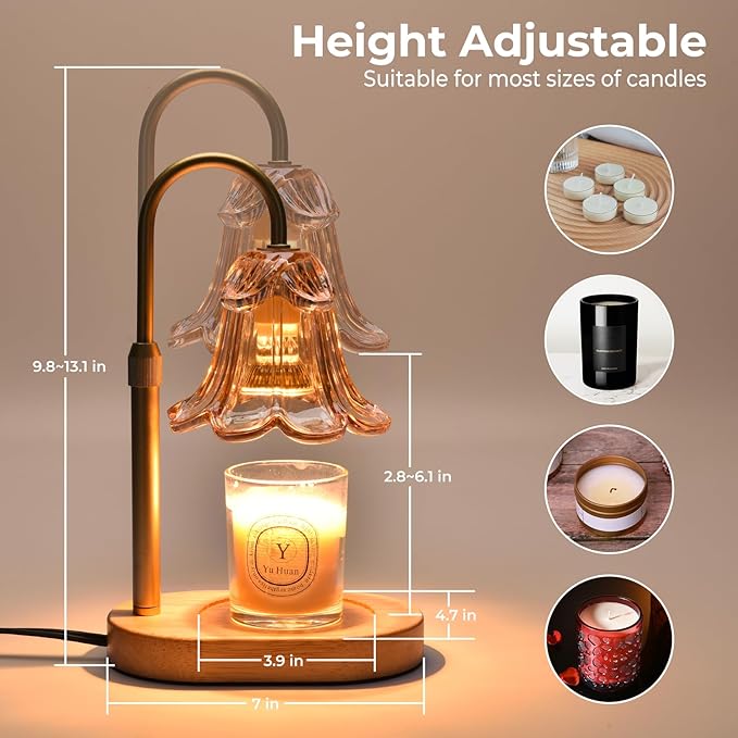 Candle Warmer Lamp with Timer Dimmable, Wax Melt Warmer Adjustable Height, Flower Warmer Lamp with 2 Bulbs for Jar Candles, House Warming New Home Decor, Gift for Mom Women (Amber)