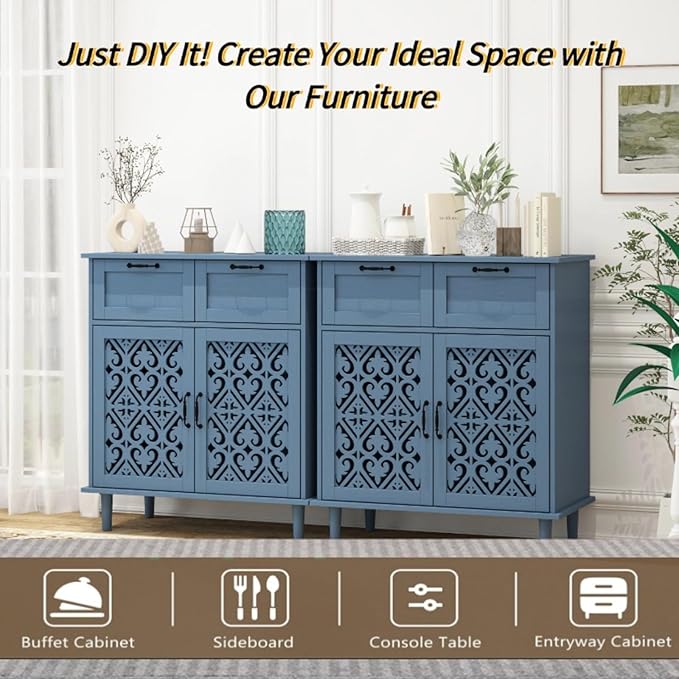 vistavie Blue Buffet Sideboard Cabinet with 2 Doors 2 Drawers - Accent Cabinet with Adjustable Shelves，31.5 Inch Wide Wood Storage Cabinets for Dining Room,Study Room and Kitchen