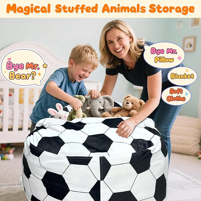 Lukeight Soccer Stuffed Animals Storage Bean Bag Chair Cover Only (Ships Empty, No Filling) - Velvet YKK Zipper Beanbag Cover for Toddlers and Kids, Washable Plush Toy Organizer, Large 27" D x 16" H