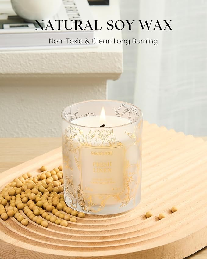 M&SENSE Fresh Linen Scented Vegan Soy Candles, Non-Toxic Subtle Aroma, 8.1oz 42-Hour Slow Burning, Air Refreshing Home Office Candles, Housewarming Gift for Family & Friends