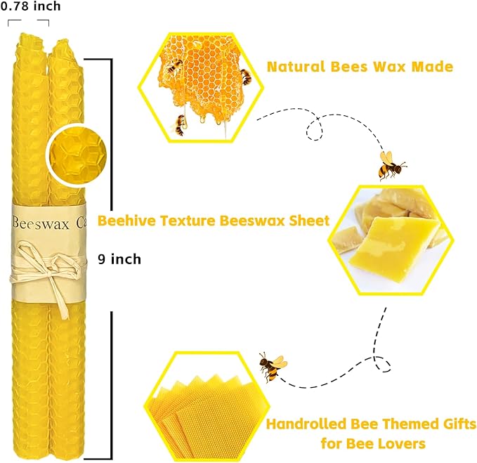 Lacaser Beeswax Tapered Candles Yellow 12pcs, 6 Pairs Unscented candlesticks Set, 9" Long, Natural Beeswax Sheet Handrolled, Burning Time 4 Hours, for Dinner Table Decoration