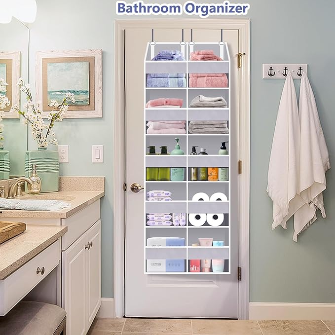 Heavy Duty Over The Door Organizer 5 Tiers, Extra Large Behind Door Storage of 10 Front & 10 Mesh Pockets, 80lb Weight Capacity, Hanging Doors Storage for Closet Bedroom Nursery, Light Gray