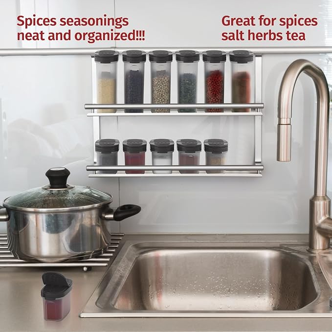 SIGNORA WARE Plastic Spice Containers – Spice Jar Set 8 Pack, 4 Mini, 4 Large – Spice Jars to Store Spices, Herbs, Marinade, Sugar, Salt, Pepper – Refillable Airtight Small Spice Jars with 2 Way Lids