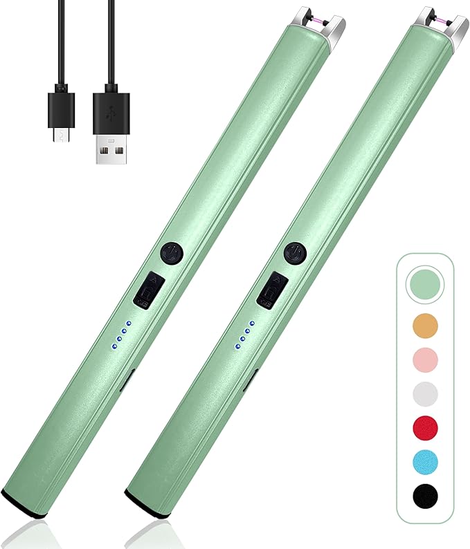 2 PCS Candle Lighter,Windproof Flameless Electric Lighter with LED Power Display ＆ Safety Switch, Upgraded Plasma USB Rechargeable Lighters for Birthday Camping BBQ (Green)