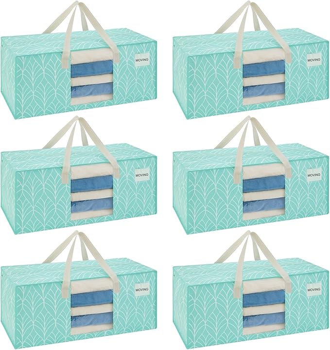 VENO 6 Pack Heavy Duty Moving Bags, Storage Bins with Lids, Transparent Window Design, Alternative to Moving Boxes, Storage Bags for Clothes, Blankets, Comforters (Evergreen, 6 Pack)