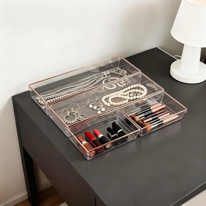 4 Pack Large Size Clear Stackable Drawer Organizer Trays, Rose Gold Rim Makeup Drawer Storage Tray Divider, Desk Storage for Makeup, Jewelry, Bathroom, Stationary, Kitchen Utensils and Office Desk