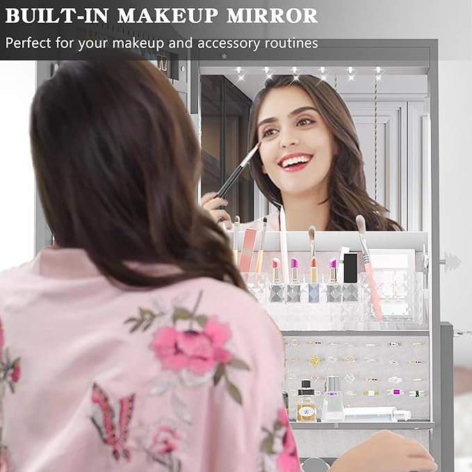 Lvifur 360° Rotating LED Jewelry Armoire w/Full Length Mirror, Large Capacity Jewelry Organizer Armoire w/Lights, Lockable Floor Standing Mirror Cabinet with Storage Shelves for Bedroom, Cloakroom