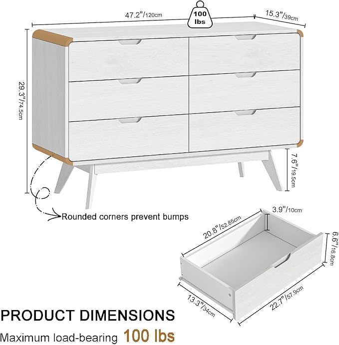 White Modern 6-Drawer Dresser & TV Stand, 47" Wide Storage Cabinet with Unique Wooden Handles, Mid-Century Style Chest of Drawers for Bedroom, Living Room, Hallway