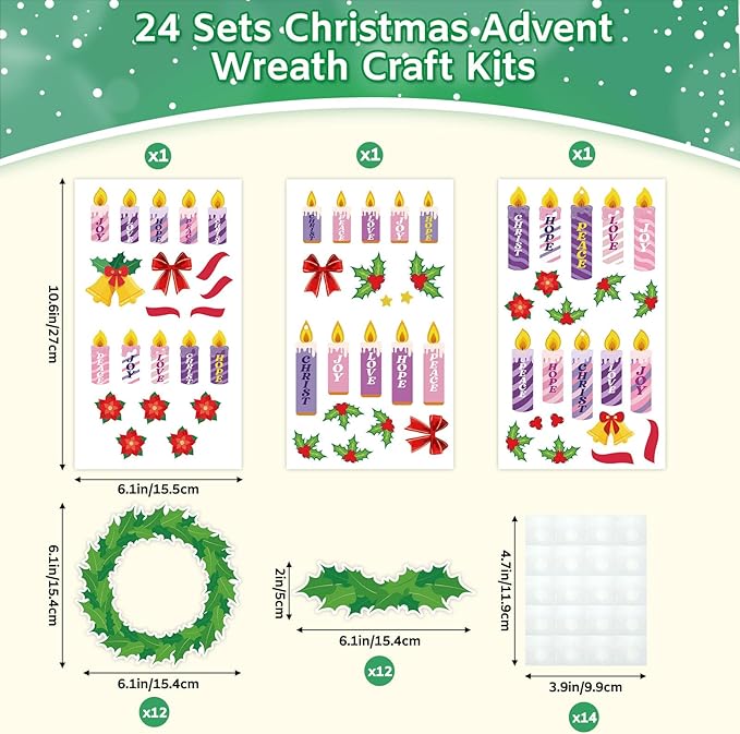 24 Sets Advent Wreath Craft Kit for Kids, DIY Make Your Own Christmas Candle Wreath Craft Activity, Religious Advent Decoration for Home Classroom School Church Family Holiday Crafts