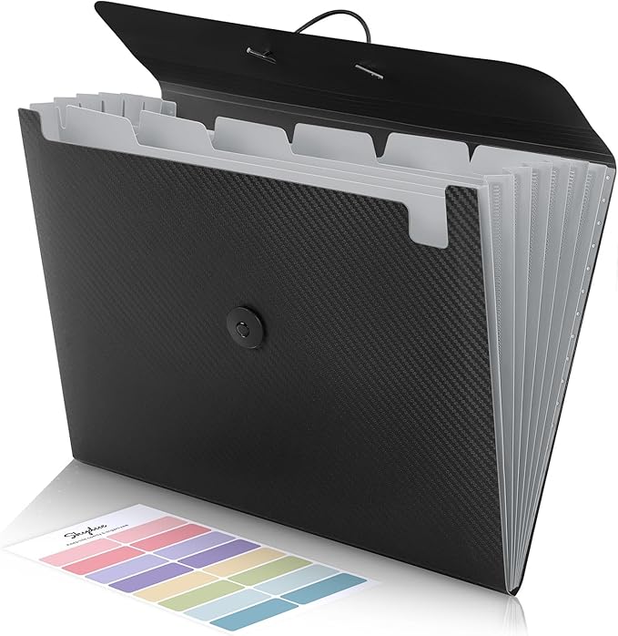 SKYDUE Expanding File Folder with 7 Pockets, Accordion File Organizer, Folders for Documents, Portable Receipt Paper Organizer, Letter Size Filing Folder School Office Supplies, Black