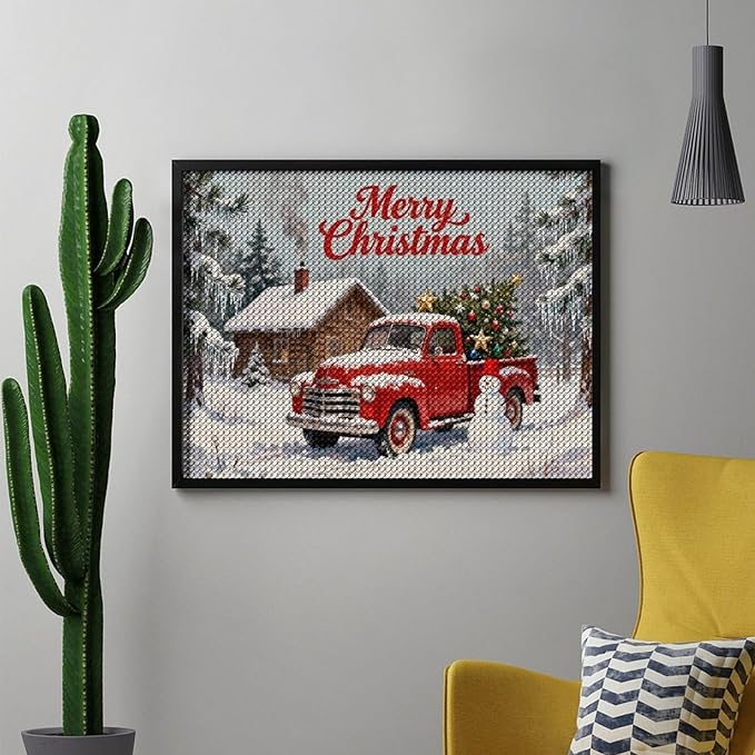 AIVKIEJK Diamond Painting Kits for Adults - Christmas Red Truck with Snowman, Snowy Cabin & Tree Painting DIY 5D Full Drill Diamond Dots Paintings with Diamonds Gem Art and Crafts Home Decor 12"x16"