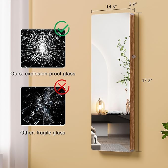 Lvifur 47.2" LED Jewelry Mirror Cabinet,Lockable Wall/Door Mounted Full Length Mirror with Storage, Over the Door Hanging Jewelry Organizer-2 Drawers,Foldable Shelf, Built-in Lighted Mirror (Wood)