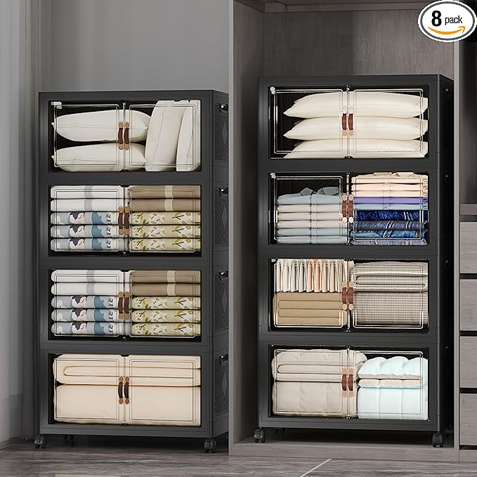 UAMFURI Stackable Storage Bins with Lids, 1280QT Closet Organizers and Storage with Doors and Wheels, Extra Large Storage Cabinet, Collapsible Plastic Drawers for Bedroom Kitchen Office Garage