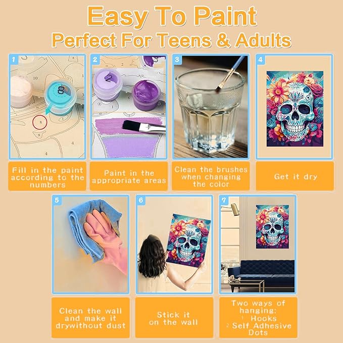 Meothan Paint by Numbers Kits for Adults, Skull Flowers Paint by Numbers Kits on Canvas, with Framed and Easel for Home Wall Decor 12x16inch