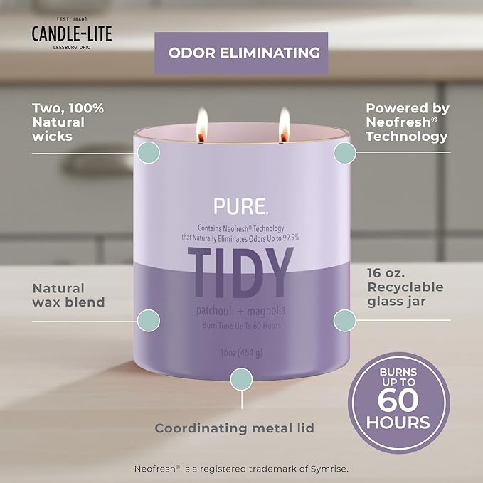 Candle-Lite Pure Patchouli & Magnolia Odor Eliminating Scented Candles, Neofresh Technology Eliminates 99.9% of Odors, 16 oz 2-Wick Jar, Proudly Poured in The USA, Up to 60 Hours Burn Time