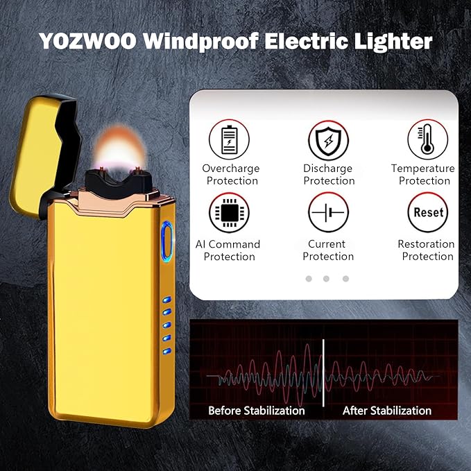 YOZWOO Plasma Lighter - USB Rechargeable Lighter High Power, Windproof Lighters Arc Lighters with Long Life Battery for Outdoor Camping, Hiking, BBQ (Gold)