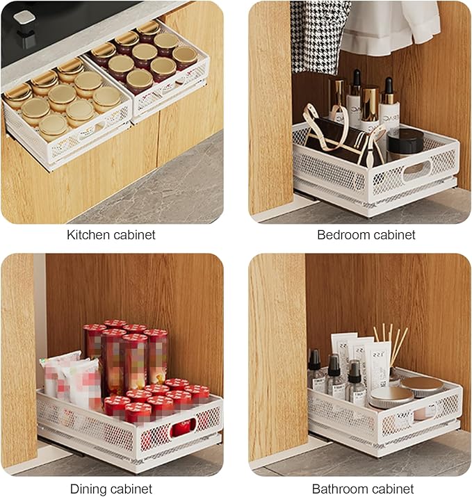 Pull Out Cabinet Organizer, Slide Out Drawers Fixed with Adhesive Nano Film, Pantry Shelves Sliding Drawer Storage Organization for Kitchen (Double Layer 11.8 * 9.4 * 10inch/30 * 24 * 25.5cm)