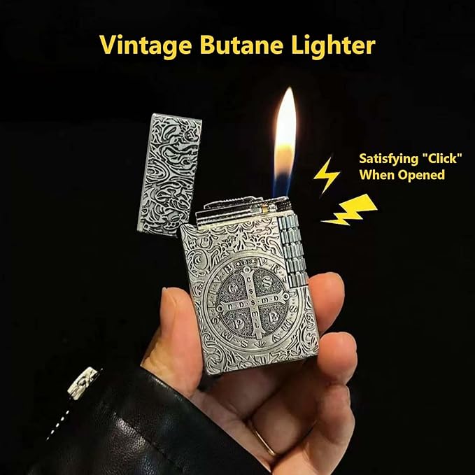 Vintage Butane Lighter, Amulet Saint Benedict Medal Motif, Refillable Lighter Soft Flame, Flip-Top Silver Side Wheel Frosted Pocket Lighter, Gifts for Men, Father, Husband (No Fuel)