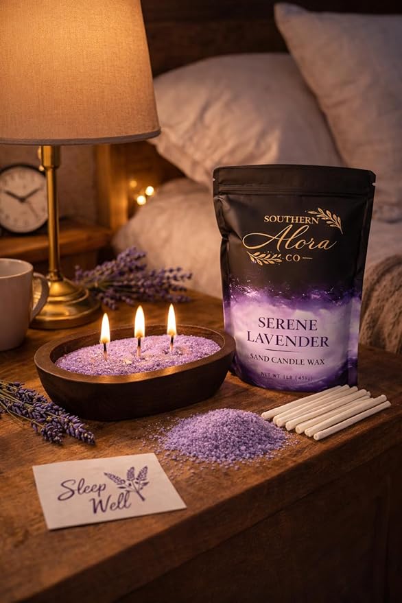 Candle Sand Wax 1 LB – Southern Alora Sand Candles with Wicks – Wax Beads with 10 Cotton Wicks – Refillable DIY Candle Kit for Wedding Centerpieces, Table Decor & Home Decor – Lavender Serenity