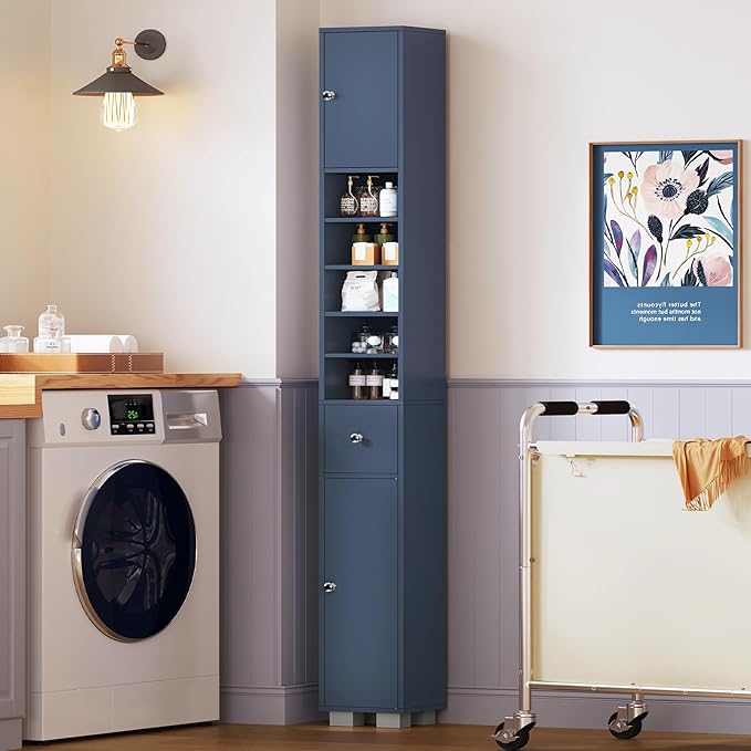 TEENFON Bathroom Cabinet, Narrow Bathroom Storage Cabinet with 5 Adjustable Shelves & Drawer, Freestanding Cupboard for Small Spaces, Blue