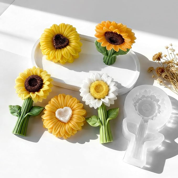2PCS Sunflower Candle Molds 3D Sunflower Bouquet Mold for Candle Making Mold DIY Handmade Soaps, Candle Gifts,Resin Crafts,Ice Cubes,Chocolate and Home Decorations Valentine's Day Gift