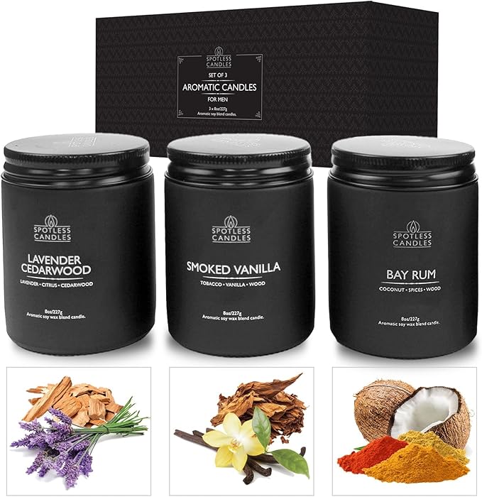 Mens Candle 3 x 8oz Pack Smoked Vanilla Bay Rum and Lavender Cedarwood Scents