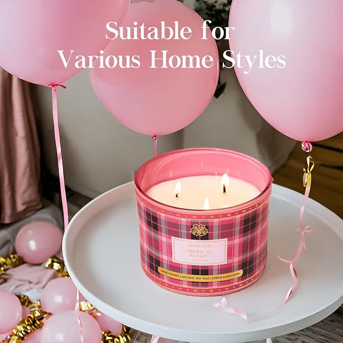 M&SENSE Plaid Pattern 3 Wick Soy Candles,11.64 oz Large Tropical Basket Scent Candle for Relaxation, Gifting, Home Décor | for Bedroom, Office, Party