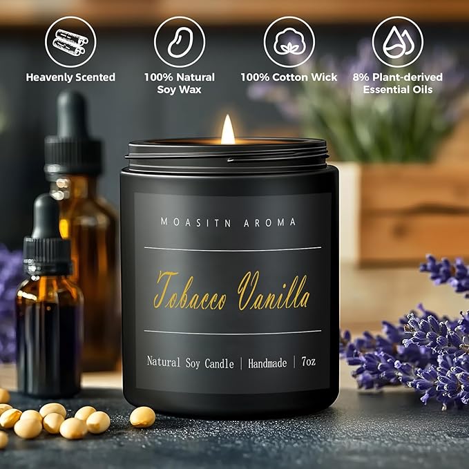 MOASITN Tobacco Vanilla Highly Scented Candle for Home|Organic Soy Candel| Handmade Long Lasting Aromatheraphy Jar Candles| Gift for Women,Men for Relaxing,Housewarming,Autumn|7oz