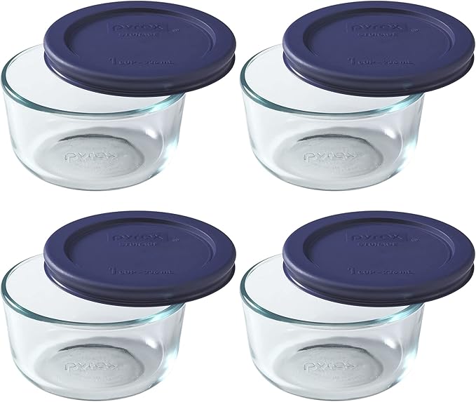Pyrex 7202 1-Cup Glass Bowl & 7202-PC Dark Blue Lid (4-Pack) - Made in USA