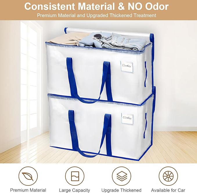4 Pack Large Strong Moving Bags with Carrying Handles&Zippers, Fold Flat, Water-Resistant&Heavy Duty Storage Tote for Space Saving, Alternative to Moving Box (Semi-Transparent)
