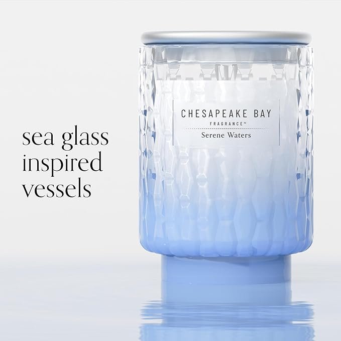 Chesapeake Bay, 8oz Serene Waters Scented Candle, Mood Evoking Fragrance, Textured Sea Glass-Inspired Jar, Premium Soy Blend Wax with Essential Oils, Coastal Fragrance for Home Décor or Gifting