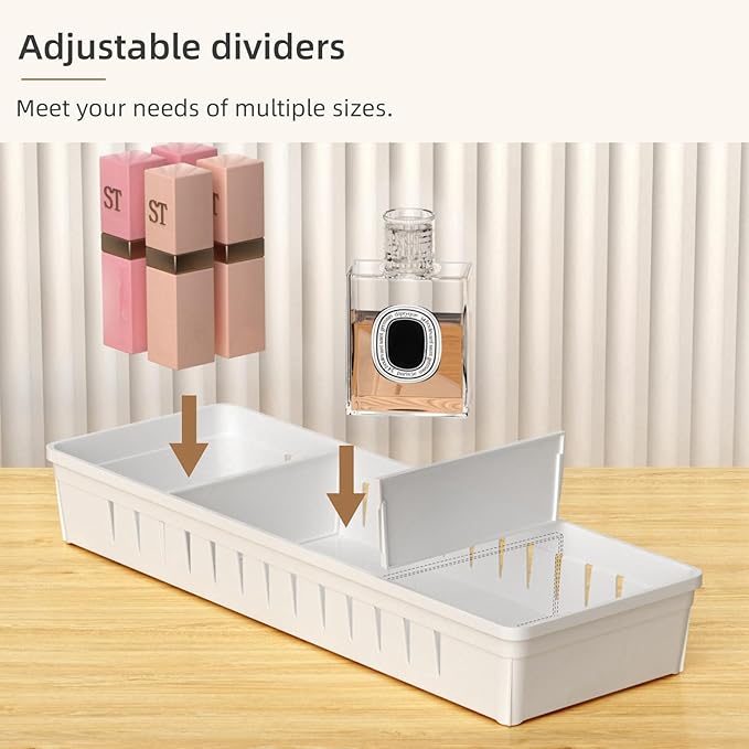 Desk Drawer Organizer Tray 4 PCS Plastic Office Drawer Organizer Bins Junk Organizer Divider with Non-Slip Silicone Pads, Makeup Vanity Organizer for Drawer, White