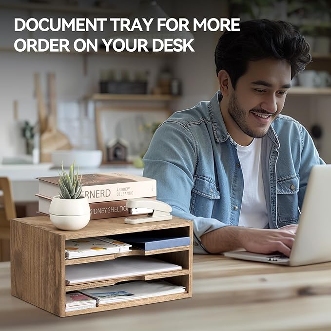 KIRIGEN Wooden Desktop Organizer Paper Storage Letter Tray File Sorter with 3 Layer Trays - Desk Rack Magazine File Dividers Holders for Home Office Accessories Dark Brown (3KWJG-DBR)