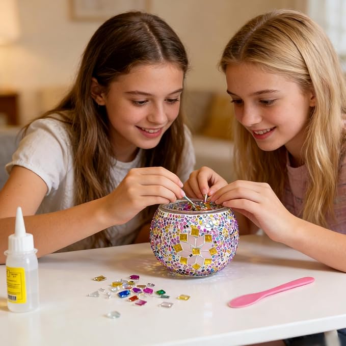 Turkish Mosaic Candle Holder Kit Glass Base Cover + Mosaic Glass Pieces & Beads Create Your Own Creative Glass and Garden Craft Make Table Tea Light Holder for Adult Teenager Familie and Couple
