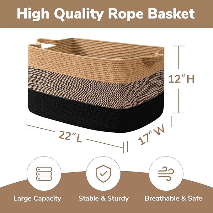 Goodpick Large Blanket Basket 22" x 17" x 12" Wicker Laundry Baskets for Organizing, Decorative Woven Rope Basket for Living Room Bedroom, Rectangle Toy Storage Baskets for Kids