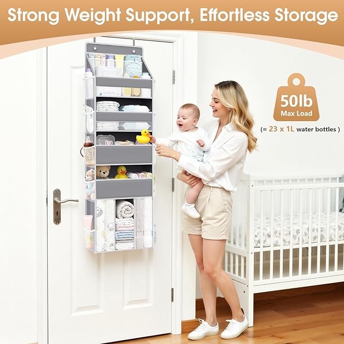 WISELIFE 5-Tier Over the Door Organizer for Hanging - 50LB Heavy-Duty Back of Door Organizer with 5 Spacious Pockets & 13 Mesh Pockets, Multipurpose Storage for Nursery, Bedroom, Closet(1 Pack, Gray)