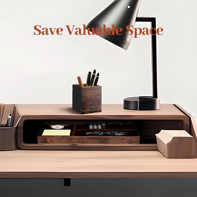 Wooden Desk Tray with Integrated Pen Holder, Luxury Office Organizer for Executive Desk, Minimalist Wood & Metal Stationery Storage Set, Premium Gift for Men & Home Office Decor