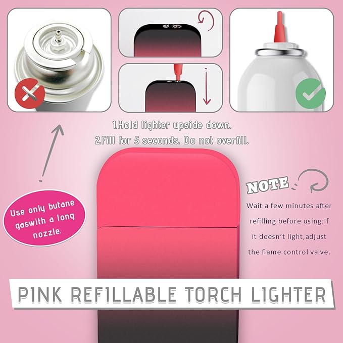 Torch Windproof Pink Flame Lighter Cute Glittery Refillable Butane Pocket Pink Lighter for Women Daily Use, Birthdays, Anniversary,Camping,Candle (Butane Not Included) (Purple&Pink) (Purple&Pink)