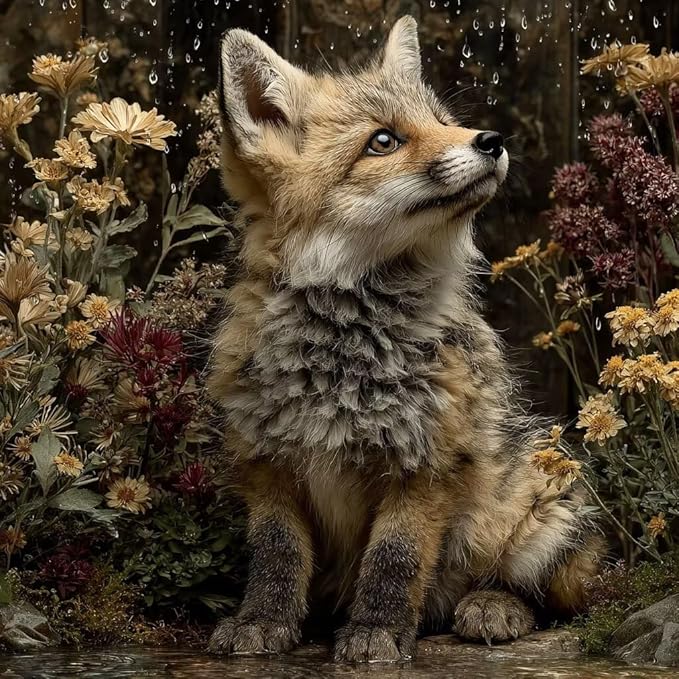 Diamond Art Kits for Adults Fox Diamond Painting Kit Flower, DIY Crafts for Adults 5D Full Square Drill Gem Art Embroidery Cross Stitch Painting Kit for Wall Decor, Birthday Girl 19.7x19.7inch 0-0E56