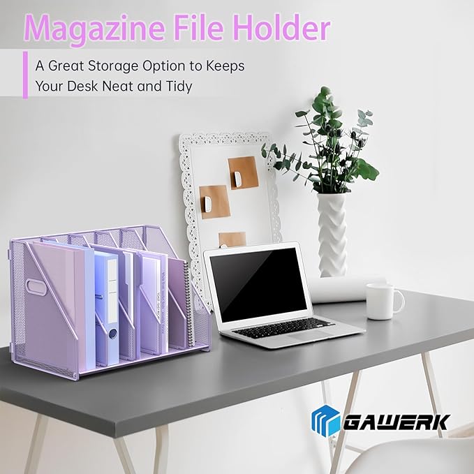 MINDEPOT Desk File Organizer Metal Desk Magazine Folder Holder with 5 Vertical Compartments Rack File Organizer for Office, Home, School (Purple)