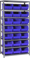 Quantum Storage Systems QSBU-255BL Giant Open Hopper Steel Shelving System, 18" D x 36" W x 75" H, with 8 Shelves and 21 QUS255 Bins, Blue