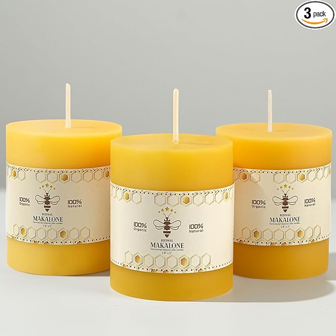 3 Pack Natural Beeswax Candles,132 Hours Long Burning-Bees Wax Candles for Home,100% Pure Beeswax Pillar Candle for Emergency,Paryer,Parties,Unscented Dripless Smokeless Pillar Candle Bulk 2.8x3in