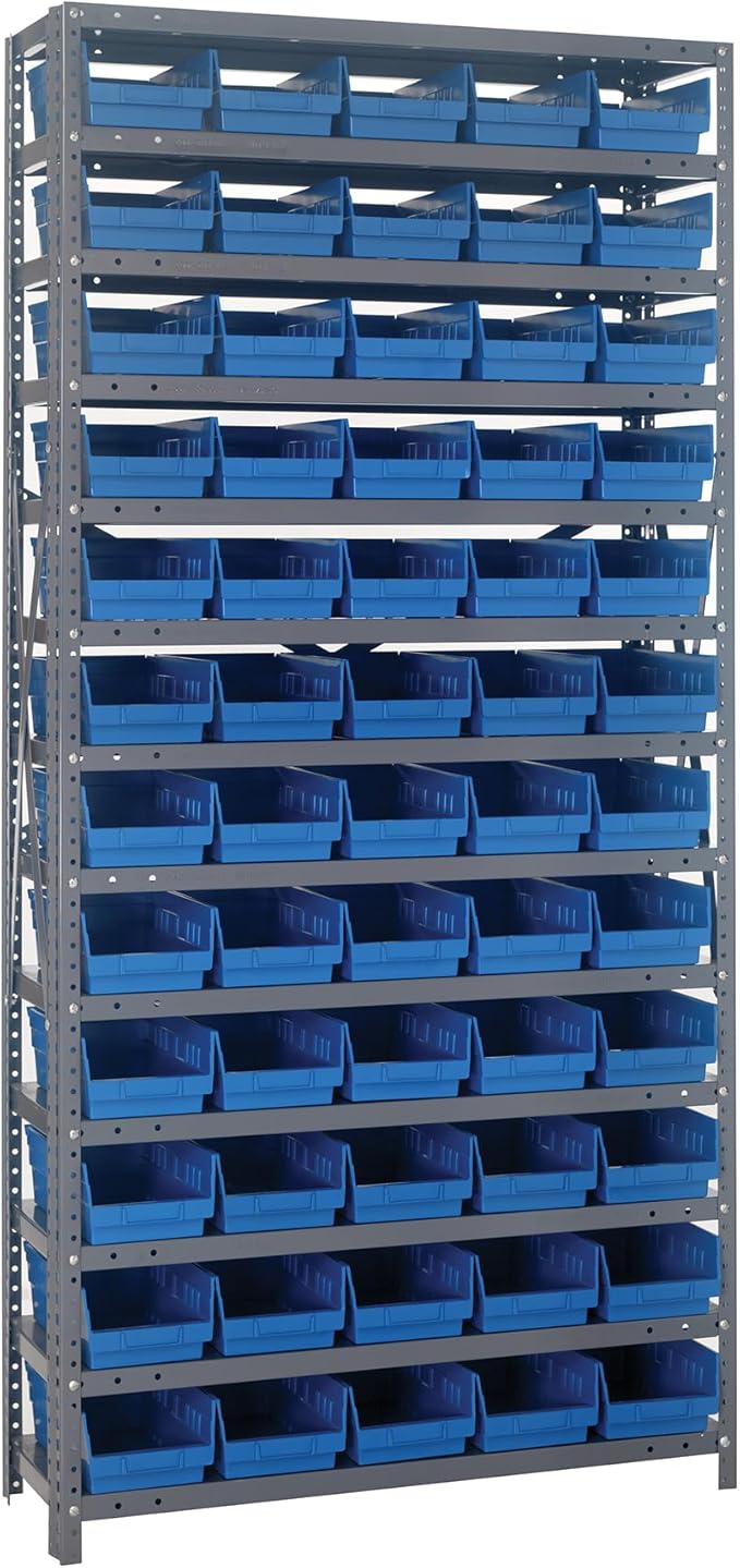 Quantum Storage Systems 1275-102BL Steel Shelving Unit with 4" Shelf Bins, 12" D x 36" W x 75" H, Blue