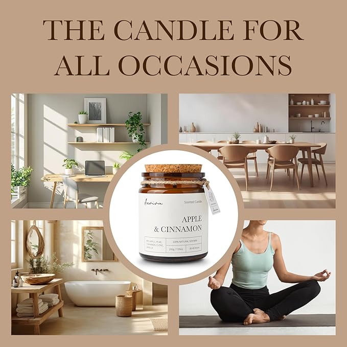 Scented Candle, 7.05 oz Apple & Cinnamon Aromatherapy Candle, Natural Soy Wax with Wooden Wick, Candles for Home Scented, Stress Relief Amber Jar Candle Gifts